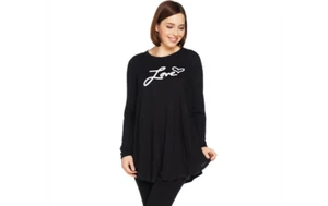Ropa de salón AnyBody cepillada Hacci mensaje swing top negro/amor M A292756 QVC J - Imagen 1 de 3