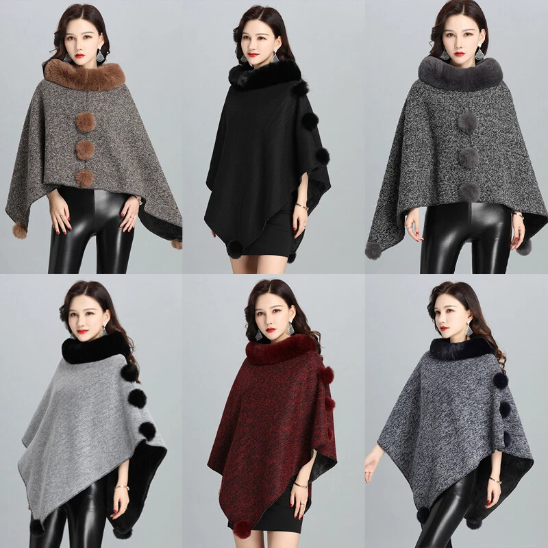 Women Faux Fur Shawl Thermal Loose Collar Cape Cloak Poncho Wrap Outerwear Shrug - Image 1 of 4