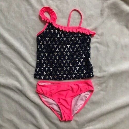Pre-owned Circo Girl's Pink and Blue Anchor Bikini 2 pcs swimsuit-size L (10-12) - Image 1 of 4