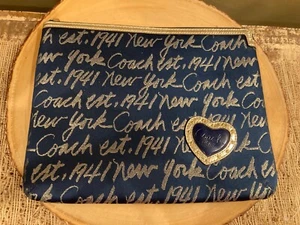 Coach Signature Script Tablet Sleeve Case Clutch Blue & Gold Glitter Heart NEW - Picture 1 of 5