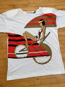 Vintage Art Deco Print Woman Shirt Tee French Navy 1980’s Novelty Nautical Yacht - Picture 1 of 6