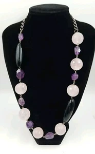 Collar de cuentas de piedras preciosas cuarzo rosa amatista ónix plata de ley cierre de palanca - Imagen 1 de 11