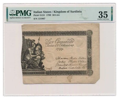 ITALIAN STATES (KINGDOM OF SARDINIA) banknote 50 Lire 1799 PMG VF 35 - Image 1 of 4