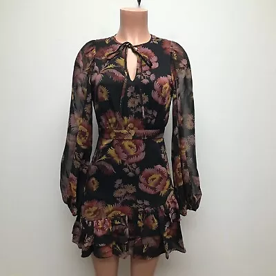 Mini Vestido Ted Baker London Mujer Negro Floral Transparente Piara Volantes Asimétrico 0-2 Foto 1 de 4