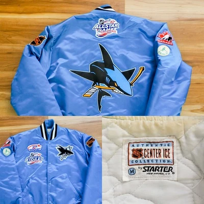 San Jose акулы стартер атласная куртка нашивки большой логотип бирюзовый синий НХЛ мужчин M - Изображение 1 из 4