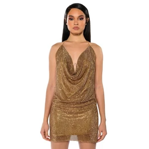Neu mit Etikett Akira Gold außergewöhnliches Minikleid Strass Netz Glitzer Damen M/L 129,90 $ - Bild 1 von 6