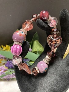 Pulsera elástica vintage de cuentas de vidrio soplado a mano, estrás de cristal con cuentas de cerámica - Imagen 1 de 11