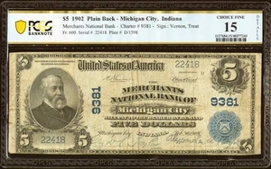 1902 $5 Michigan City, Indiania The Merchants National Bank Ch. - Picture 1 of 2