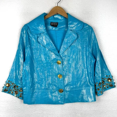 Vintage Berek Women's Small 100% Linen Blue BLazer Metal Buttons Rhinestone - Image 1 of 4