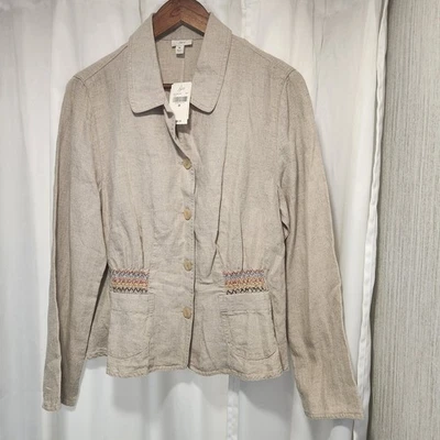 J. Jill Women's Linen Blazer NWT Cinched Flax Size Medium Embroidered - Image 1 of 2
