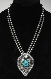 HUGE Signed Begay 925 Silver Turquoise 12 Leafs Pendant Bench Beads Necklace 21" - Picture 1 of 15
