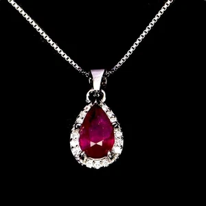 925 Sterling Silver Necklace Pear Ruby 7x5mm Natural Gemstone Jewelry 18inches - Picture 1 of 13
