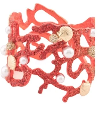 Betsey Johnson Crystal Red Coral Pearl Seashell Hinge Bracelet  - Image 1 of 4