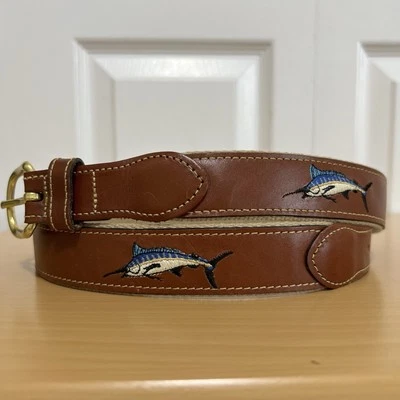 Leather Man Ltd Brown Leather Belt Solid Brass Marlin Embroidery Size 34 USA - Image 1 of 4