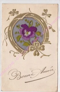 CPA Embroidered Bordada Happy New Year Horseshoe Flowers Purple - Picture 1 of 2