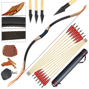 30-40lb Archery Traditional Recurve Long Bow Wooden Arrow Set Target Hunting - Picture 1 of 26