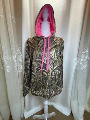 Mossy Oak Lightweight Camo Hoodie Sweatshirt with pink stitching & lining large - Image 1 of 4