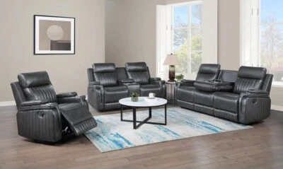 NEW 3PC Gray Sofa Loveseat Chair Leather Air 5-Recliner Living Room Set - Image 1 of 4
