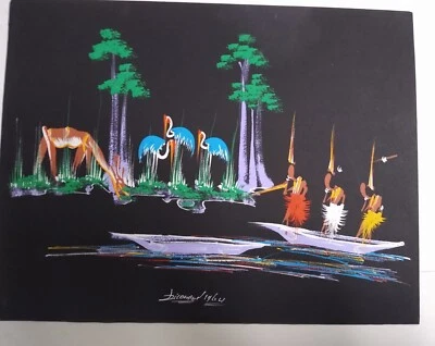Pintura Acuarela Africana Firmada De Colección 1964 Mediados de Siglo Cigüeñas Antílope Canoa Foto 1 de 4