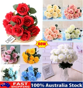 Rose Bouquet Wedding Home Party Decor Artificial Fake Faux Silk Flowers 10 Heads - Picture 1 of 20