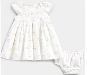 Mothercare 3 Pc ~ 1 Month Cream Smocked Safari Animal Dress, Pants & Hairband - Picture 1 of 4