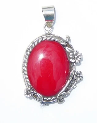 Vintage Sterling Silver Coral Pendant Coral Sterling Silver Pendant with Flowers - Image 1 of 4