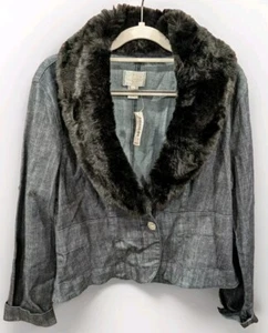 White House Black Market Dark Blue/Black Faux Fur Peplum Denim Jacket Sz 14 NWT - Picture 1 of 11