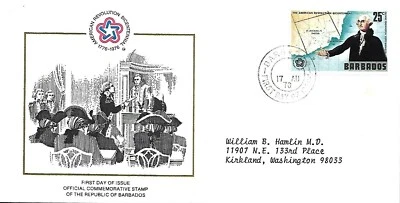 BARBADOS 1976 FIRST DAY COVER, AMERICAN BICENTENNIAL, GEORGE WASHINGTON & MAP - Image 1 of 2