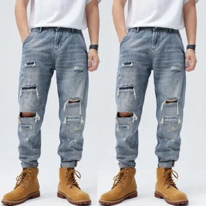 Fashion Mens Denim Ripped Holes Harem Pants Loose Jeans Long Casual Trouser Punk - Picture 1 of 5