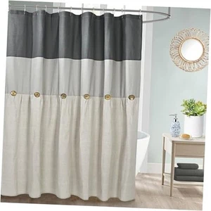 Farmhouse Cotton Button Gray Shower Curtain,Pleated Beige Cotton Blend Woven - Picture 1 of 8