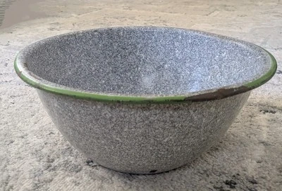 12" Gray Granite Ware Enamel Ware Green Rim Wash Bowl Basin Lip #1 - Image 1 of 4