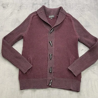 Express Knit Toggle Button Up Shawl Collar Mens Small Purple Cardigan Sweater - Image 1 of 4