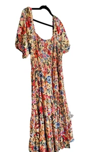 Damen Sonoma gesmoktes Stufen Midikleid Cottagecore Bauern mehrfarbig Blumen L - Bild 1 von 8