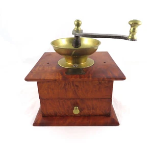 Antique Coffee Grinder Mill Tiger Maple Box Brass Steel - Picture 1 of 12