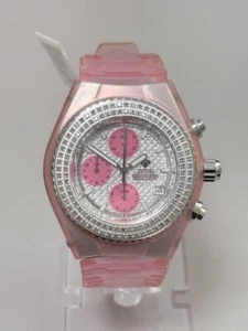 Aqua Master Diamond Bezel Plastic Pink Women's Chrono Watch W#13 - Picture 1 of 2