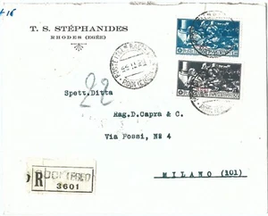 71428 - Colonie EGEO - Storia Postale: Sass # 14/5 su BUSTA RACCOMANDATA da RODI - Imagen 1 de 1