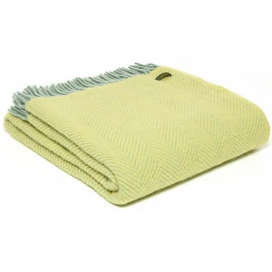 TWEEDMILL 100% Wool Sofa Blanket Rug HERRINGBONE OCEAN GREEN LEMON YELLOW THROW - Picture 1 of 12