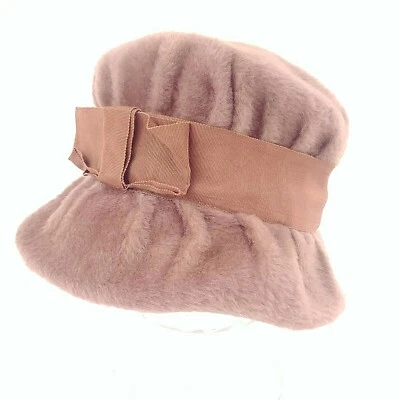 Vintage Cloche Hat Womens Brown Velour With Ribbon USA Union Made 1950s - Image 1 of 4