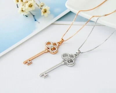 New Women 18K Rose Gold/ White Gold GF Crystal Key Pendant Charm Necklace Gifts - Image 1 of 4