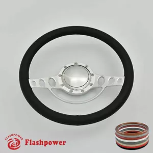 15.5" Polished Billet Steering Wheel With Black Full Leather Wrap Horn Button - Bild 1 von 7
