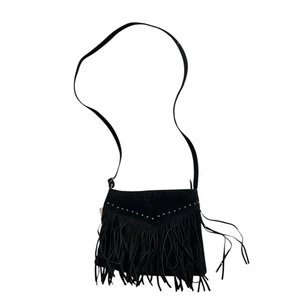 BP crossbody purse black faux suede fringe tassel studs rectangular bag - Picture 1 of 4