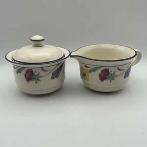 Lenox Poppies on Blue Sugar Bowl with Lid and Creamer Set EXCELLENT Condition - Picture 1 of 11