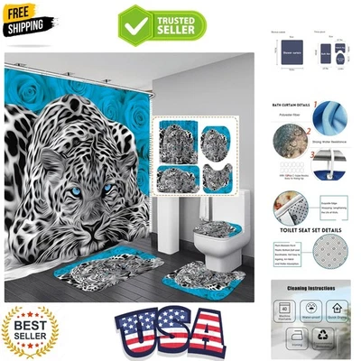 4PCS Teal Rose and Leopard Shower Curtain Set with Rugs,Toilet Lid Cover and ... - Image 1 of 4