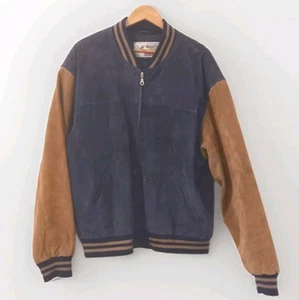 American Leather 100% Suede Bomber Jacket Varsity Preppy Blue Brown XXL Vintage - Picture 1 of 17