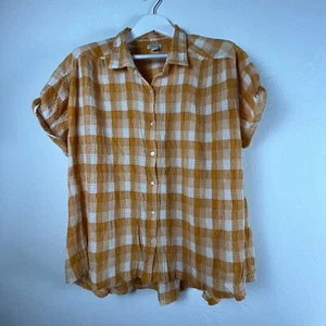 Sundance Women's Size X-Large Orange White Plaid Smocked Button Down Shirt - Picture 1 of 7