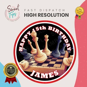 CHESS ROUND EDIBLE BIRTHDAY CAKE TOPPER DECORATION PERSONALISED - Picture 1 of 4