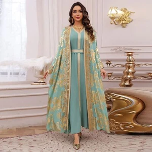 Women Muslim Open Kaftan Long Dress Two Piece Set Abaya Dubai Kimono Party Robe - Foto 1 di 19