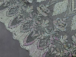 White Pink Silver Iridescent Sequin Embroidered Lace fabric 50” Width 1 Yard - Picture 1 of 8