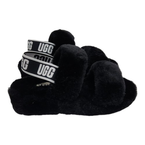 UGG Donna US 5 Oh Sì Cinturino Grafico Shearling Slides Nero 1107953