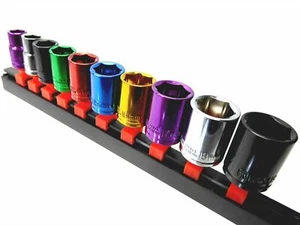 10pc Coloured Coded Crv Socket Set 3/8" Standard Drive 10-19Mm With Rail New - Picture 1 of 5